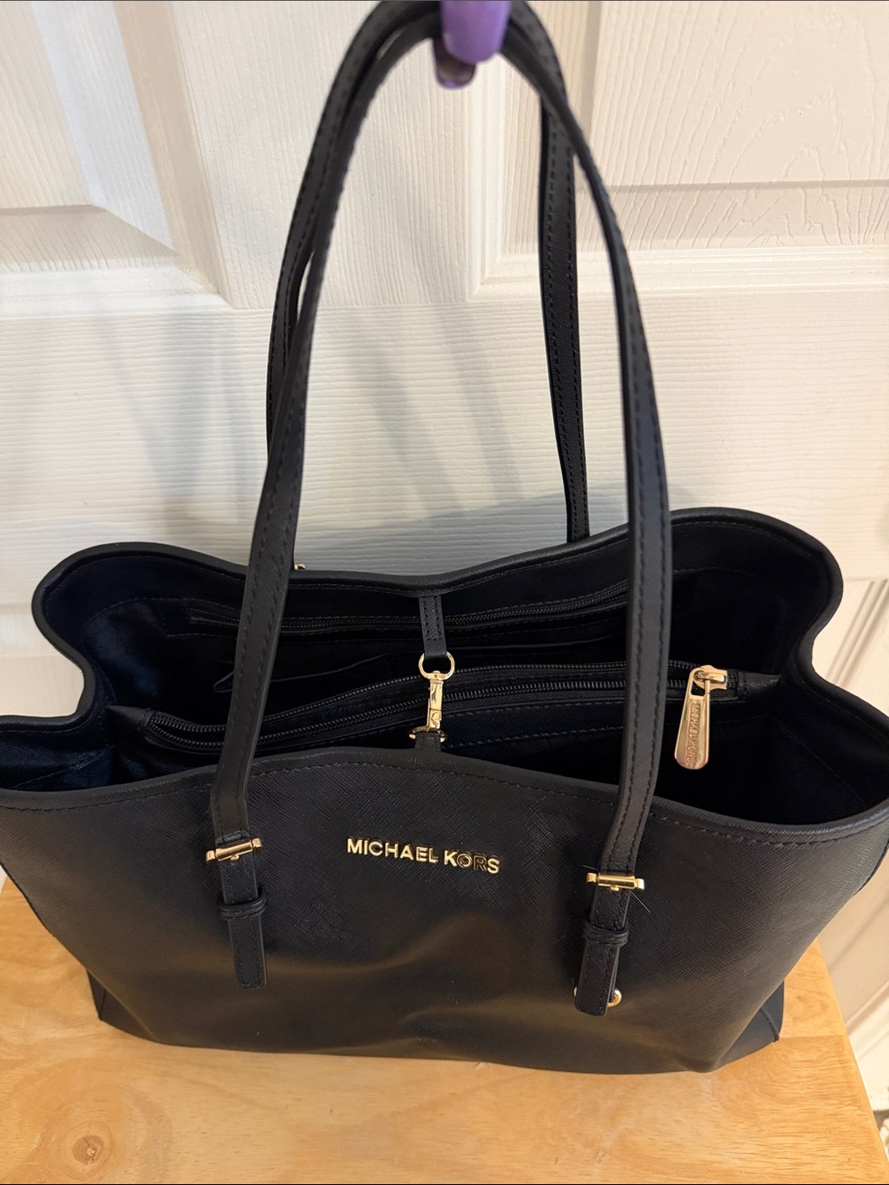 Michael Kors Large Black Leather Bag with Gold Accents - Picture 7 of 14